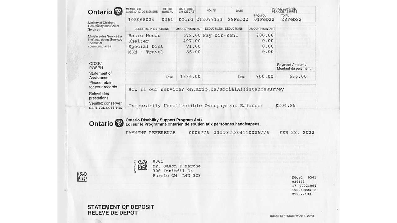 This rent payslip from ODSP shows that $700.00 per month was paid directly to the landlord.